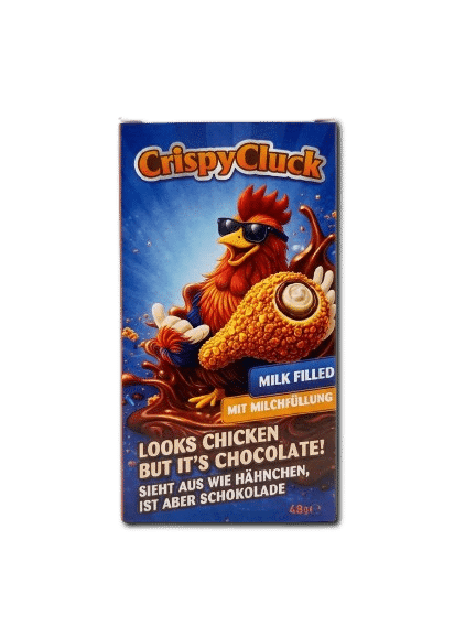 Crispy Cluck Fried Chicken Shaped Milk Chocolate with Milk Filling (48g) Crispy Cluck Fried Chicken Shaped Milk Chocolate with Milk Filling (48g)